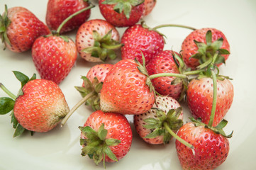 Small white filled with succulent juicy fresh ripe red strawberr