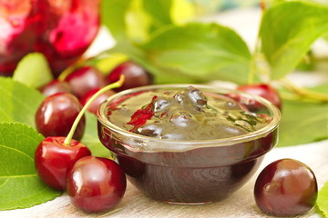 Cherry jam in a glass bowl