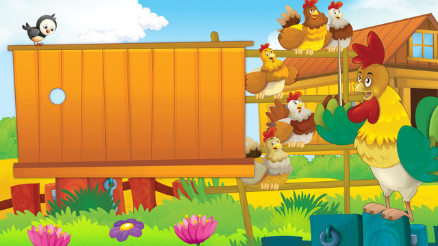 Cartoon farm scene with cute animal - rooster and hens - illustration for children