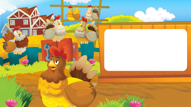 Cartoon farm scene with cute animal - hens - illustration for children