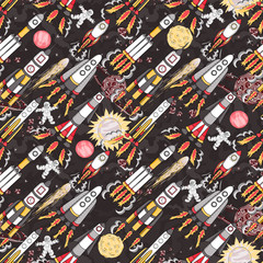 rockets, spacemen, planets and stars. cartoon space seamless pattern. 