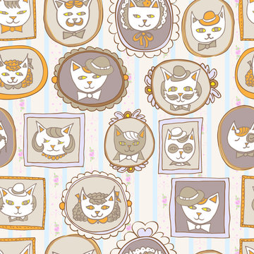 cute cats retro portraits seamless pattern. vintage vector pets  background