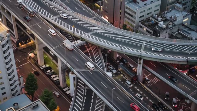 Elevated highway traffic in Osaka, Japan.