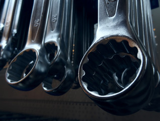 Head of box wrenches on the showcase of hardware shop macro shot 