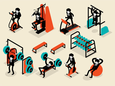 Beautiful Isometric Flat Design Of Business Man Workout In Gym, Workout Machine Isometric Design Concept