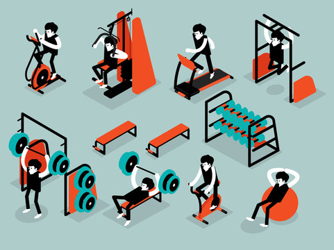 Beautiful Isometric Flat Design Of Man Workout In Gym, Workout Machine Isometric Design Concept