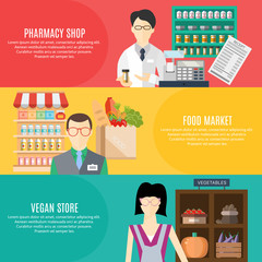 Supermarket horizontal banners set. Pharmacy shop, food market, vegan store. Vector  illustration.
