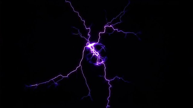Overhead distant view of layered electric arcs escaping from clear tube