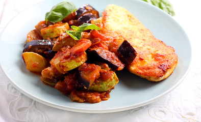 Ratatouille and spiced fried chicken breast