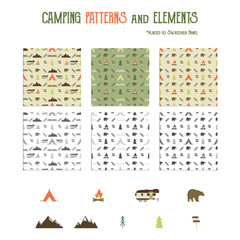 Camping patterns and hiking elements set - tent, bear, bonfire, van trailer, mountains. Travel seamless wallpaper design. Equipment for camping symbols. Use as Adventure pattern in web projects, print