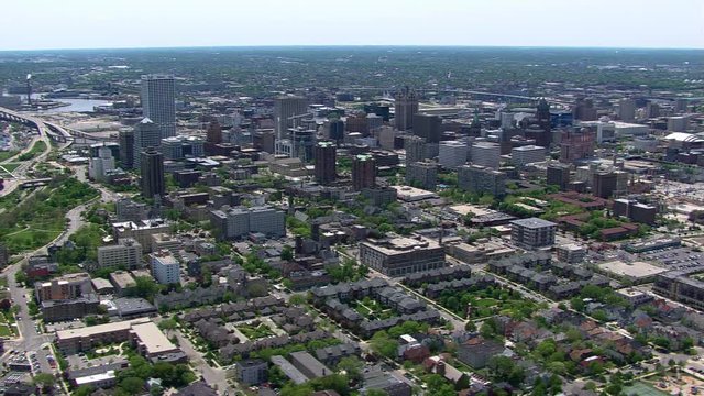 Wide aerial view of Milwaukee, Wisconsin's, downtown area