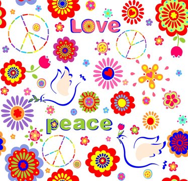 Childish wallpaper with hippie symbolic, colorful abstract flowers and doves