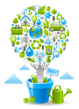 Ecological design with ecology nature symbols icon set in tree. White background. Environment protection concept includes recycling symbol, Earth globe, garbage can, electric car, light bulb, turbine