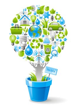 Ecological design with ecology nature symbols icon set in tree. White background. Environment protection concept includes recycling symbol, Earth globe, garbage can, electric car, light bulb, turbine
