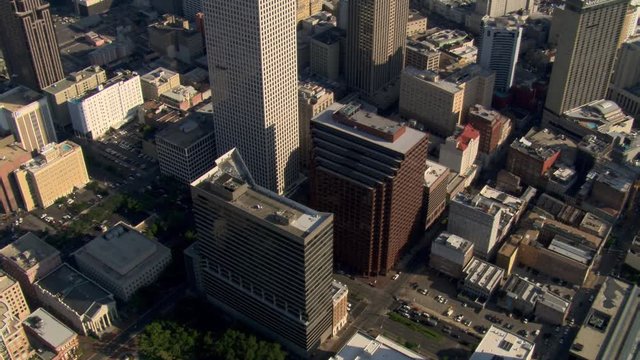 Slow flight over New Orleans skyscrapers. Shot in 2007.