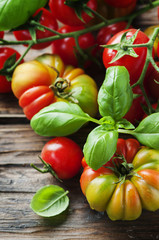 Italian basil and tomato on the wooden table