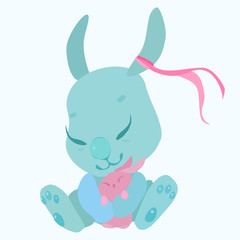 Blue Mother Rabbit Hugging Baby