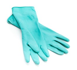 Cyan rubber gloves isolated on white background