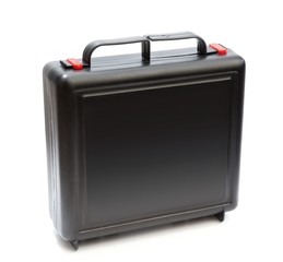 Black plastic box with red locks isolated on white background