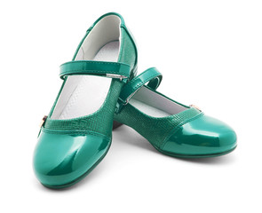 Green shine leather girl shoes isolated on white