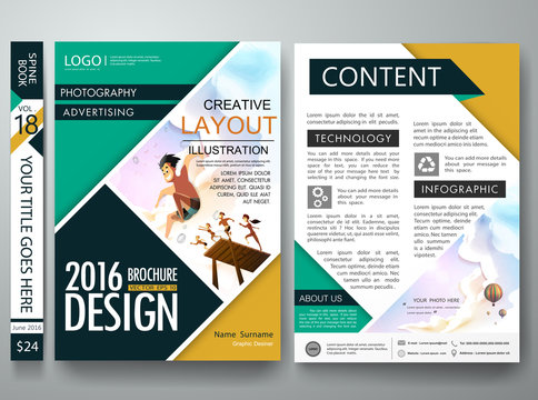 Brochure design template vector.Business flyers cover report summer magazine poster template.Cover book portfolio presentation green shape on poster design.City design on a4 brochure background layout
