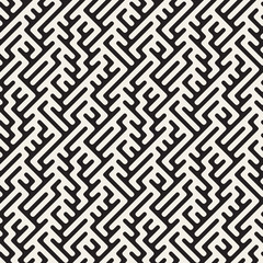 Vector Seamless Black And White Rounded Lines Maze Irregular Geometric Pattern