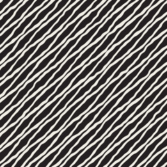 Vector Seamless Black And White Hand Drawn Diagonal Wavy Lines Pattern