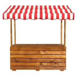 Deurstickers Wooden market stand stall with red white striped awning © Uros Petrovic