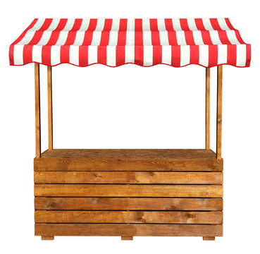 Wooden market stand stall with red white striped awning