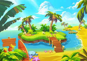 Happy Tropical Sand Beach Coast 1. Video Game Digital CG Artwork, Concept Illustration, Realistic Cartoon Style.
