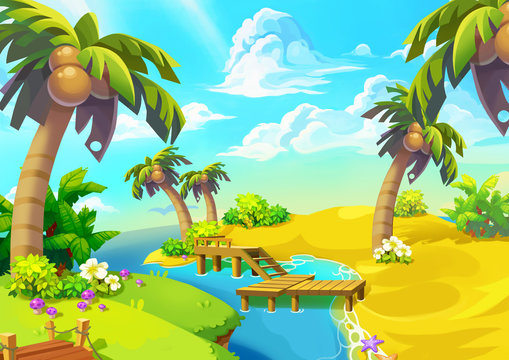 Happy Tropical Sand Beach Coast 2. Video Game Digital CG Artwork, Concept Illustration, Realistic Cartoon Style.
