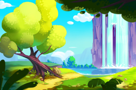 The Waterfall Forest, Video Game Digital CG Artwork, Concept Illustration, Realistic Cartoon Style.