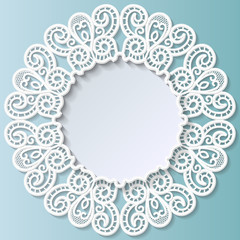 3D round frame, vignette with ornaments, lace frame,  bas-relief ornament,  festive pattern, white pattern, template greetings, vector