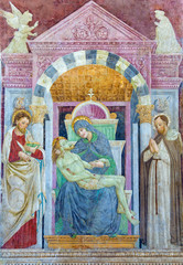 BRESCIA, ITALY - MAY 21, 2016:  The fresco of Pieta in church Chiesa del Santissimo Corpo di Cristo by  Paolo Caylina il Vecchio (cca 1501).