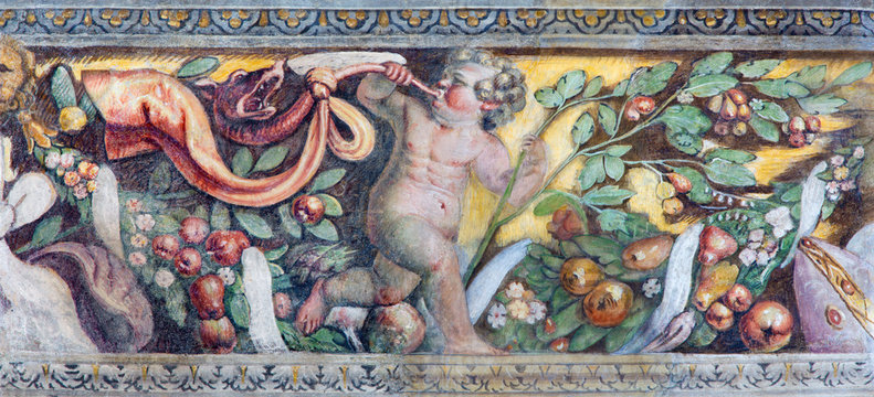BRESCIA, ITALY - MAY 21, 2016:  The symbolic fresco of angel in the Garden of Paradise in church Chiesa del Santissimo Corpo di Cristo by Jesuit Benedetto da Marone (1550- 1565).