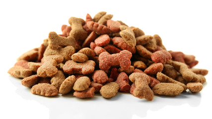 Pile of dog food isolated on white