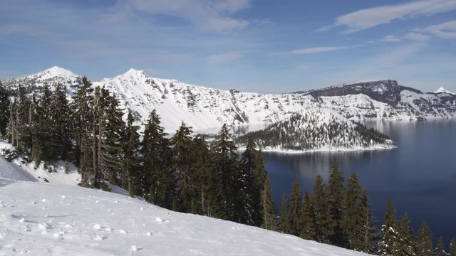 Right pan over Crater Lake in winter