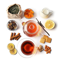 Tea composition on light background, flat lay