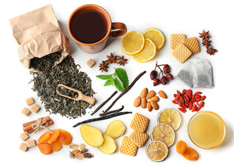 Tea composition on light background, flat lay