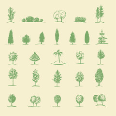 Set of hand drawn sketch trees