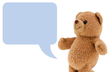 studio photo of brown light bear toy dialog