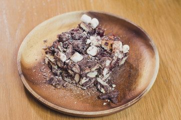 Chocolate Marshmellow Brownies. brownie on a wood table. selecti