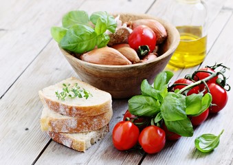 Bruschetta with tomatoes,shallot and basil Ingredients. Selective focus