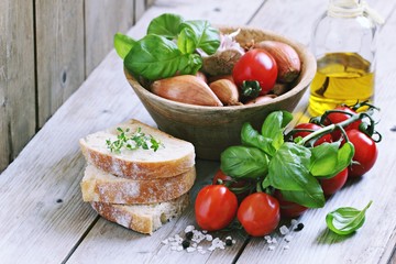 Bruschetta with tomatoes,shallot and basil Ingredients. Selective focus