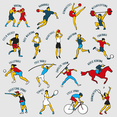 Athletes isolated on the grey background. Set of summer games icons. Vector illustraton of sportsmen for any competition and championship design.