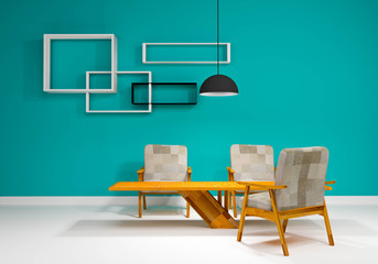 table and chair modern and lamp in room of a background wall (3D Rendering)
