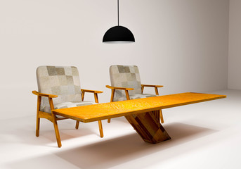 table and chair modern and lamp in room of a background wall (3D Rendering)