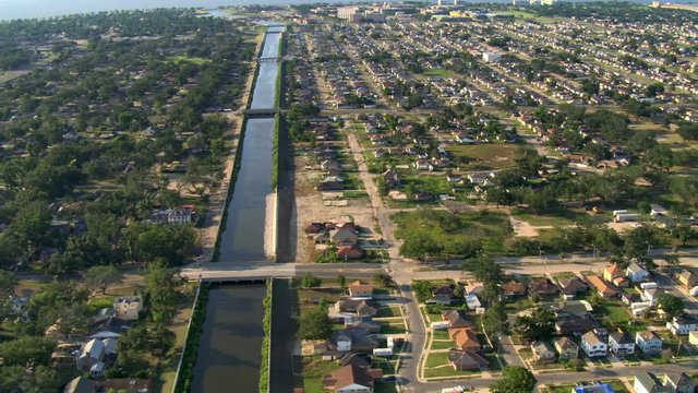 Orbiting canal and New Orleans residential areas. Shot in 2007.