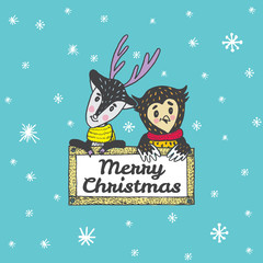 Christmas card with hand drawn animals. Vector hand drawn illustration of Reindeer and Owl characters