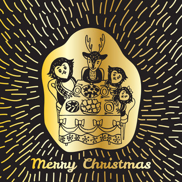 Christmas card with hand drawn animals at the festive table